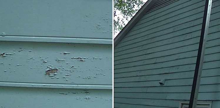 This image shows alternate views of the home's existing masonite siding prior to removal.