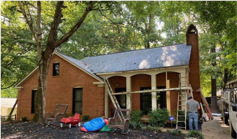 Before: a red-brick ranch under scaffolding, ladders and buckets in the yard and a worker on the porch.