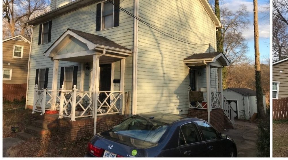 Before: a cream two-story with a low porch, peeling trim and a car parked on the gravel drive.
