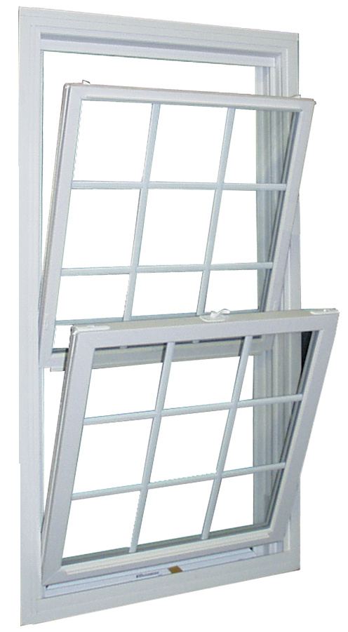 Cutaway product view of a double-hung window with both sashes tilted inward for cleaning