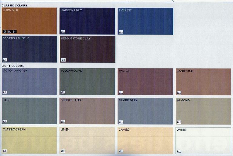 Mastic vinyl siding color chart: classic, light and deep swatches with their names, from Corn Silk and Scottish Thistle to Silver Grey, Almond and White.