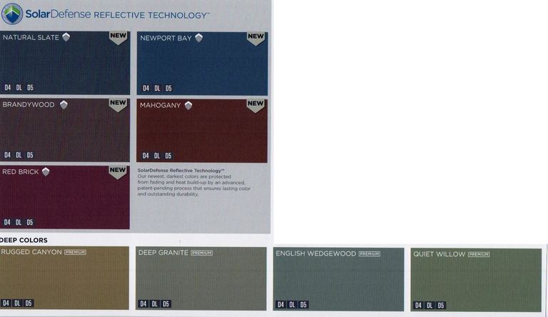 Mastic's deep color range with SolarDefense Reflective Technology: Natural Slate, Newport Bay, Brandywood, Mahogany, Red Brick, Indigo Canyon, Deep Granite, English Wedgewood and Dust Willow.
