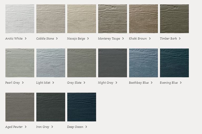 The Hardie ColorPlus Statement Collection palette: fifteen named swatches from Arctic White and Cobble Stone through Pearl Gray and Boothbay Blue to Iron Gray and Deep Ocean.
