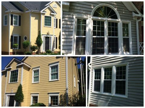Four-photo collage of completed siding and window replacement work in a Huntersville neighborhood