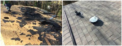 Before-and-after pair: a roof stripped to the decking, and the same roof finished in new shingles