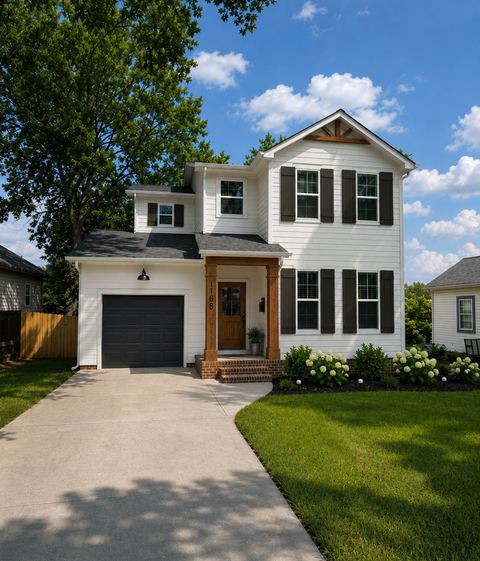 White lap siding with black shutters and a stained wood front door