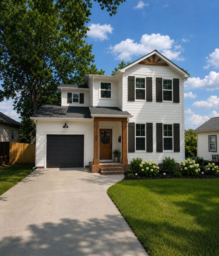 White lap siding with black shutters and a stained wood front door